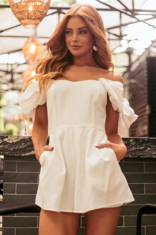 Off White Pleated Off the Shoulder Woven Romper sold by Lime Lush