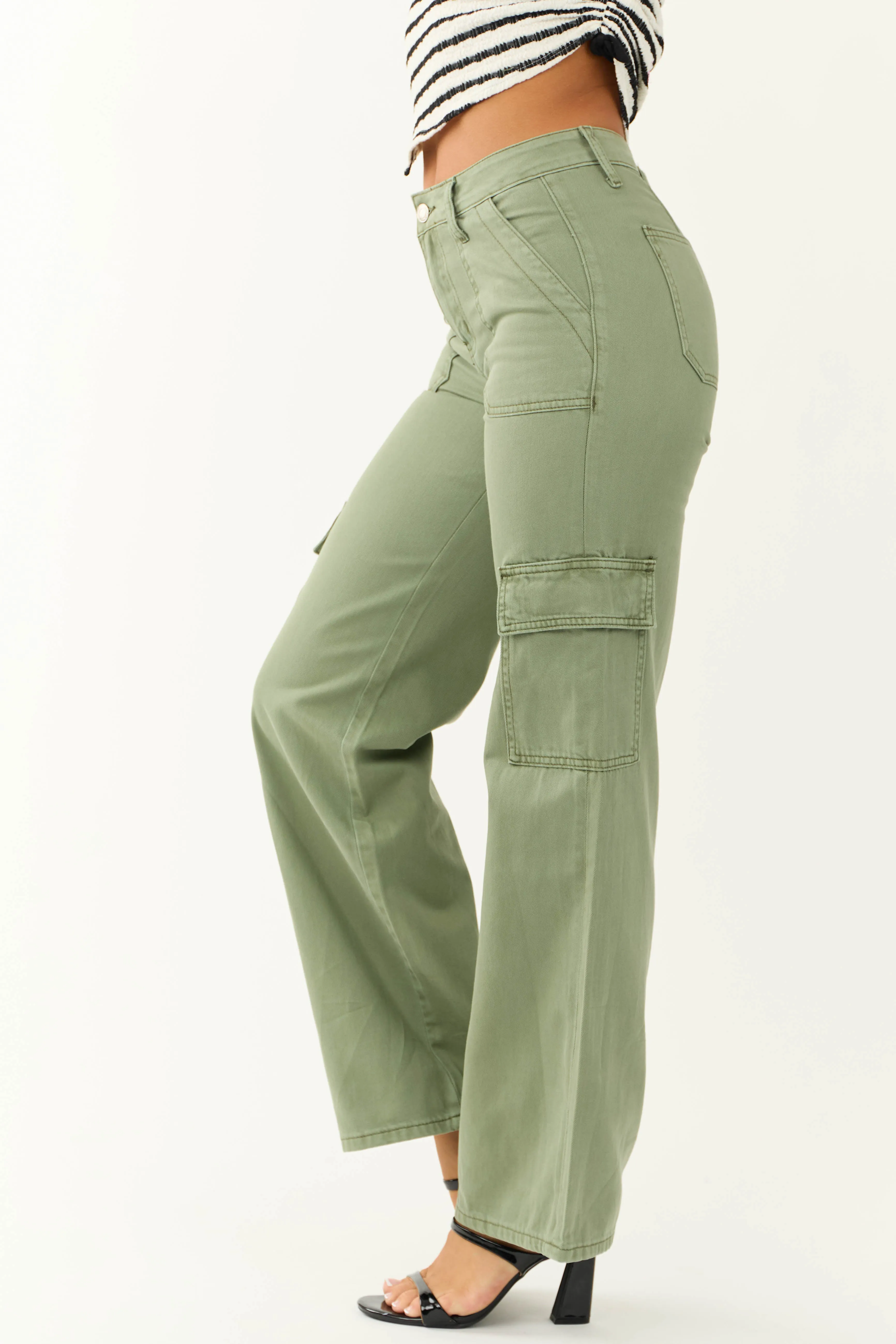 Vervet Olive High Rise Wide Leg Cargo Jeans sold by Lime Lush product image thumbnail 4