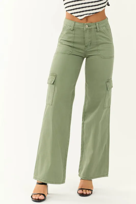 Vervet Olive High Rise Wide Leg Cargo Jeans sold by Lime Lush