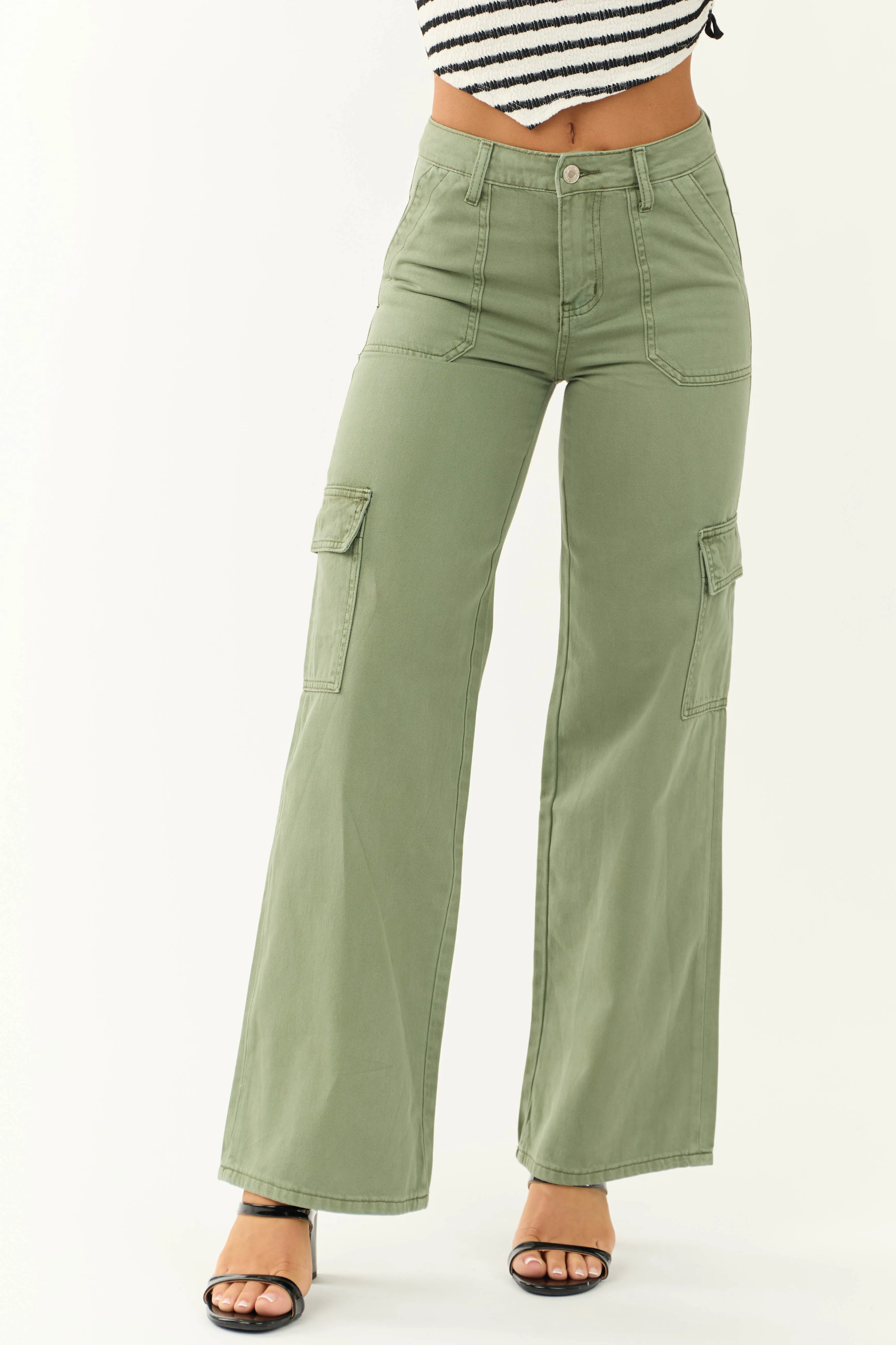 Vervet Olive High Rise Wide Leg Cargo Jeans sold by Lime Lush