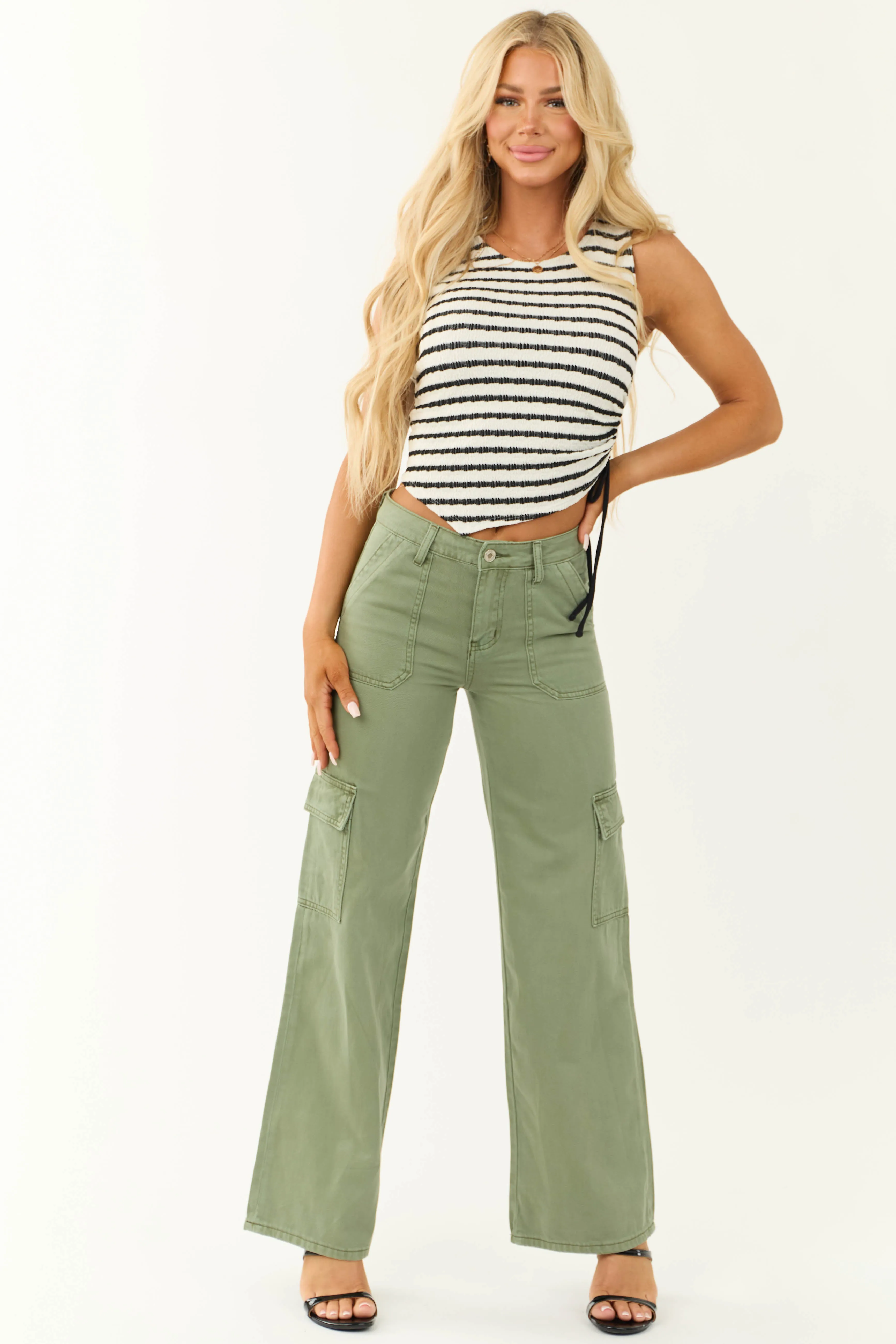 Vervet Olive High Rise Wide Leg Cargo Jeans sold by Lime Lush product image thumbnail 2