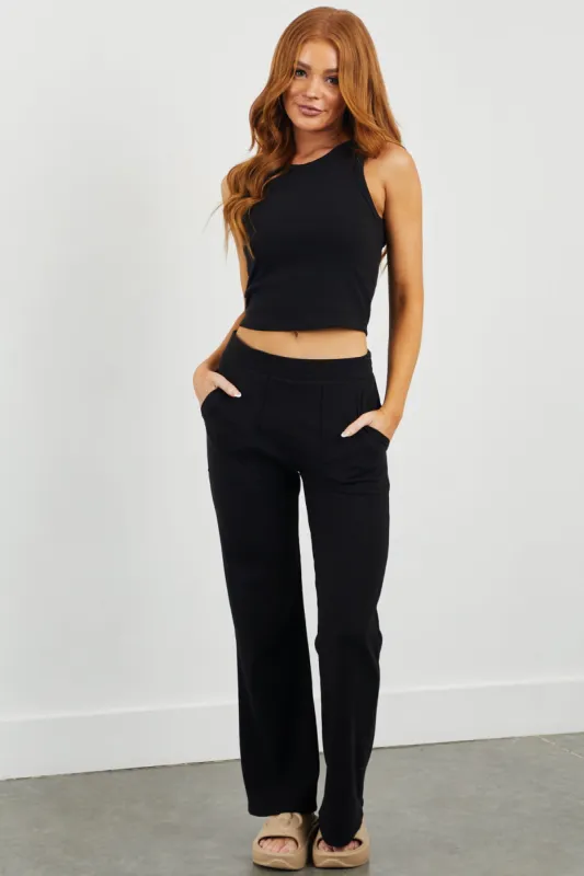Black Ribbed Knit Wide Leg Comfy Pants sold by Lime Lush