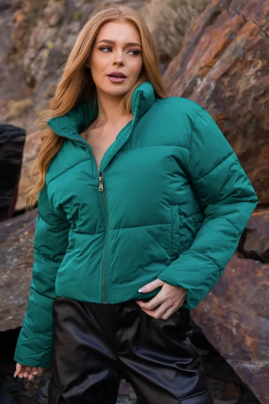 Pine Green Zip Up Quilted Puffer Jacket sold by Lime Lush