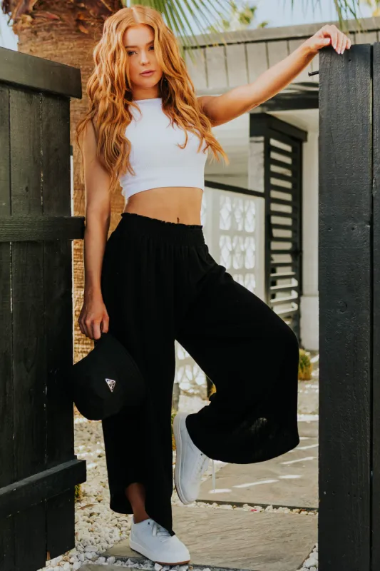 She+Sky Black Smocked Waist Angled Wide Leg Linen Pants sold by Lime Lush