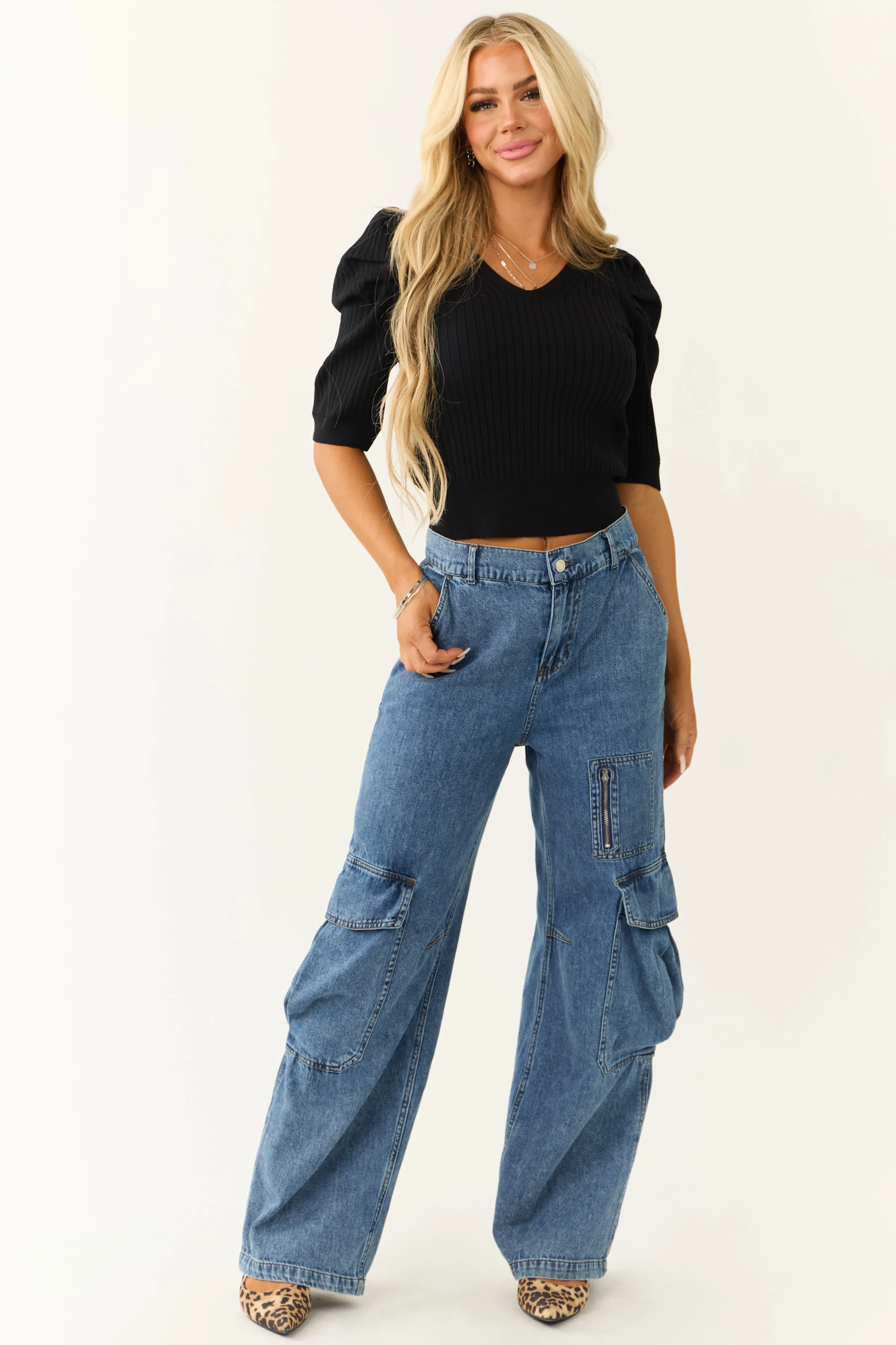 Signature8 Medium Wash Wide Leg Cargo Jeans sold by Lime Lush product image thumbnail 3