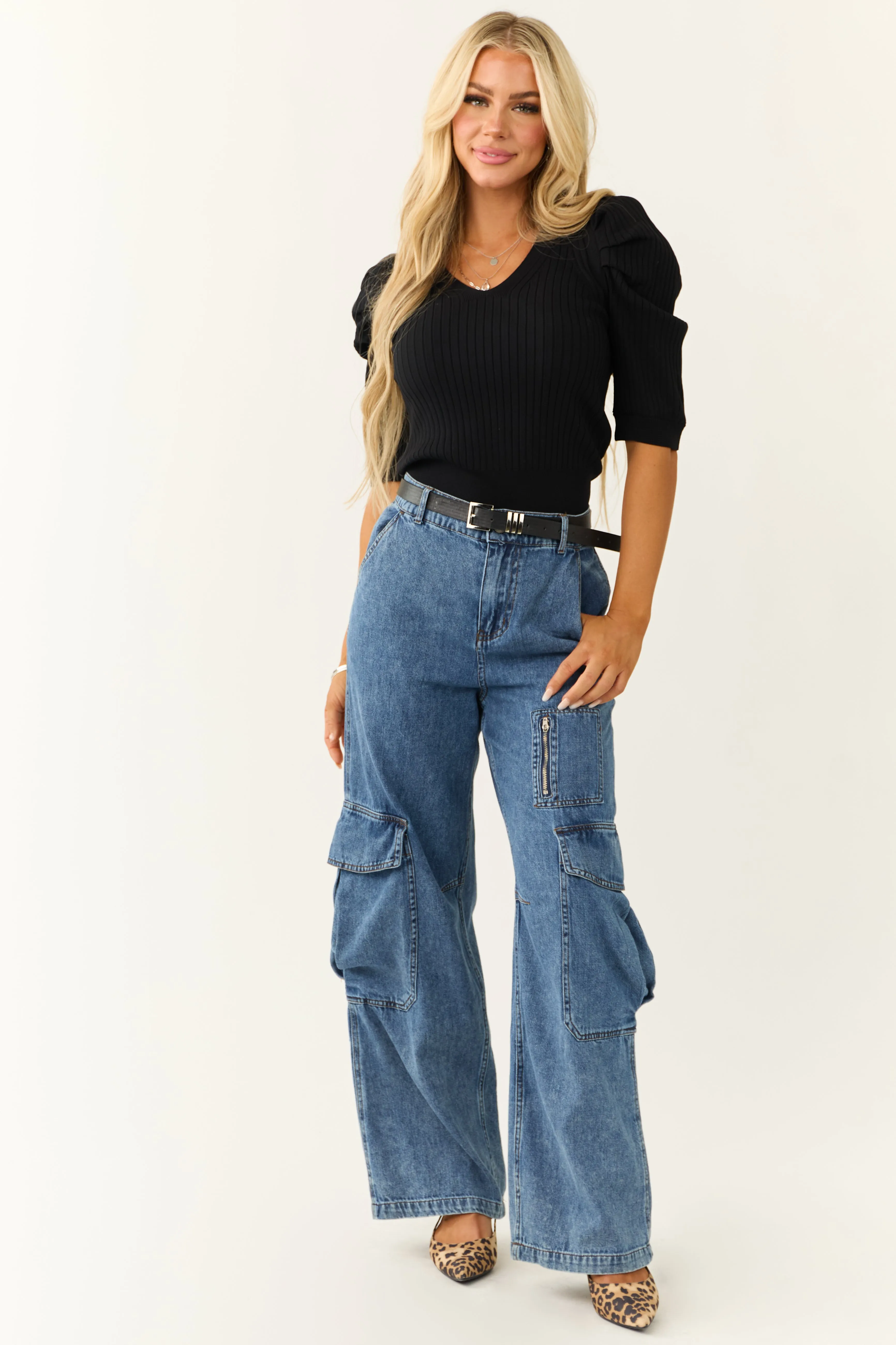 Signature8 Medium Wash Wide Leg Cargo Jeans sold by Lime Lush product image thumbnail 5