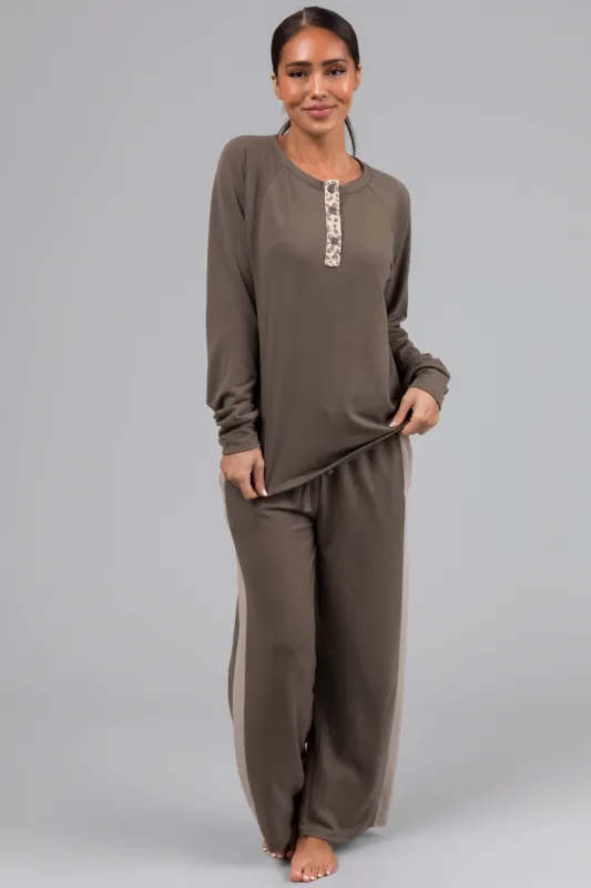 Olive Leopard Contrast Wide Leg Matching Set sold by Lime Lush