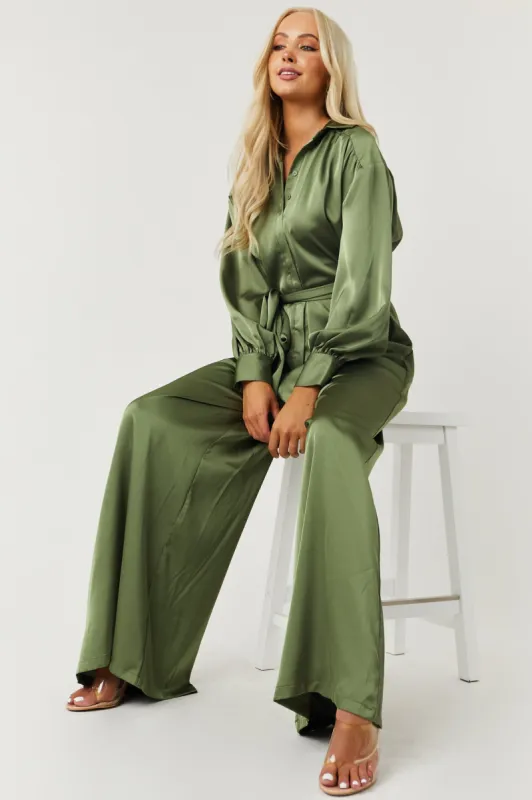 Flying Tomato Olive Satin Collared Waist Tie Jumpsuit sold by Lime Lush