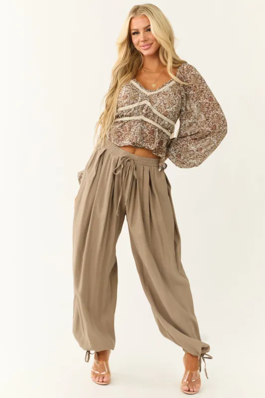 Taupe Drawstring Cuff Balloon Pants sold by Lime Lush
