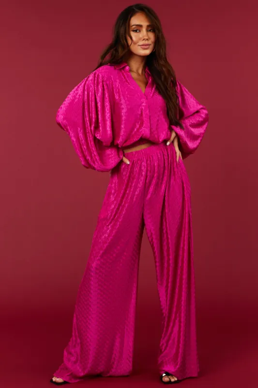 Flying Tomato Fuchsia Wavy Texture Wide Leg Satin Pants sold by Lime Lush