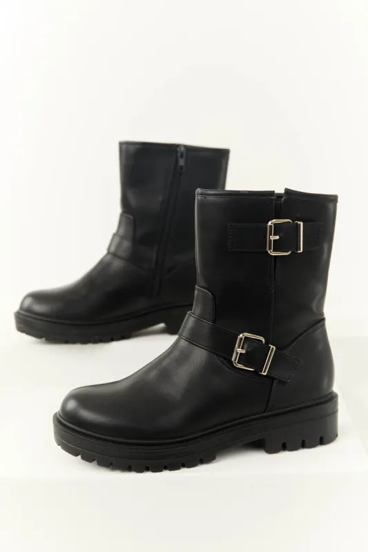 Black Double Buckle Short Boot sold by Lime Lush