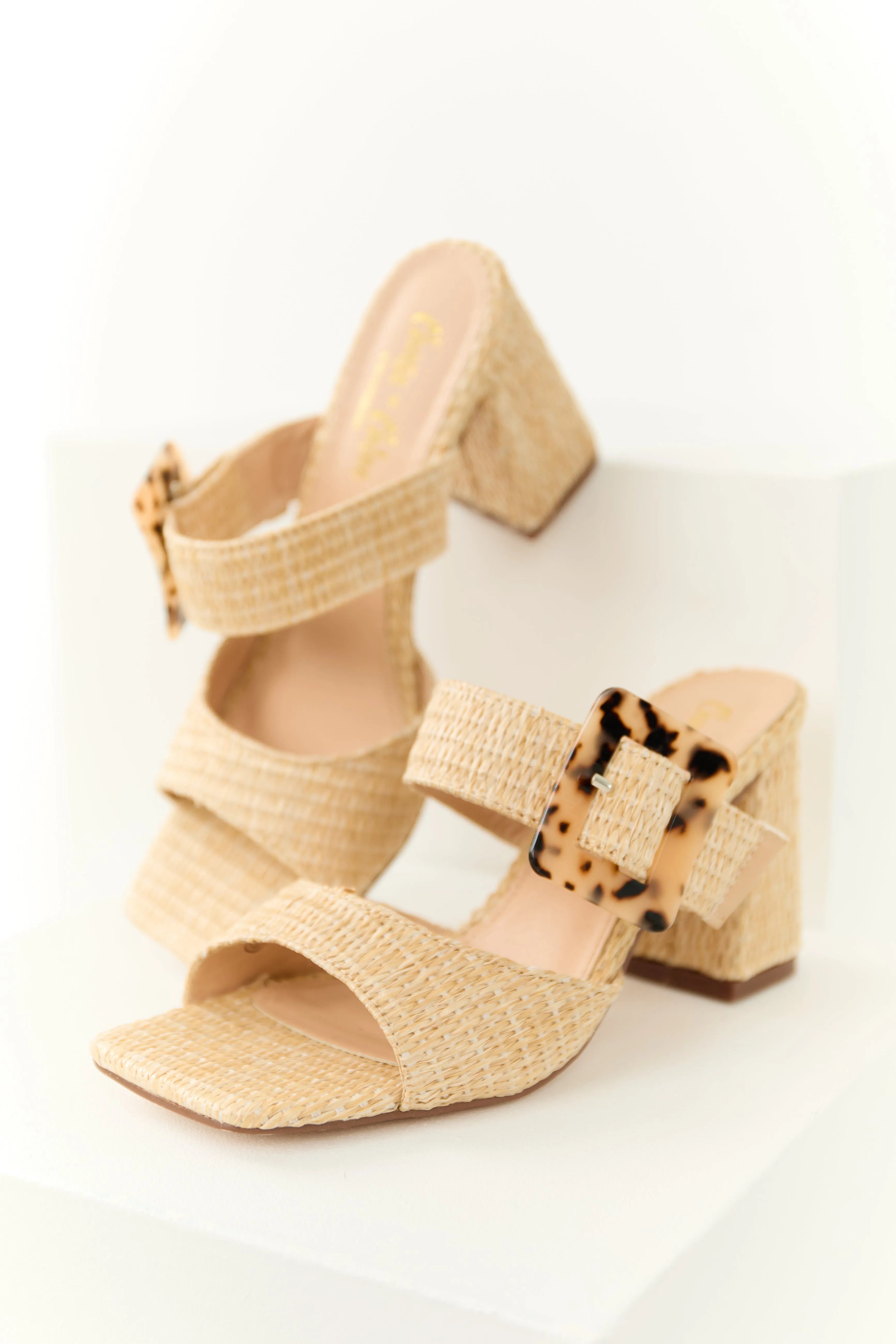Beige Woven Accent Buckle Strap Heels sold by Lime Lush