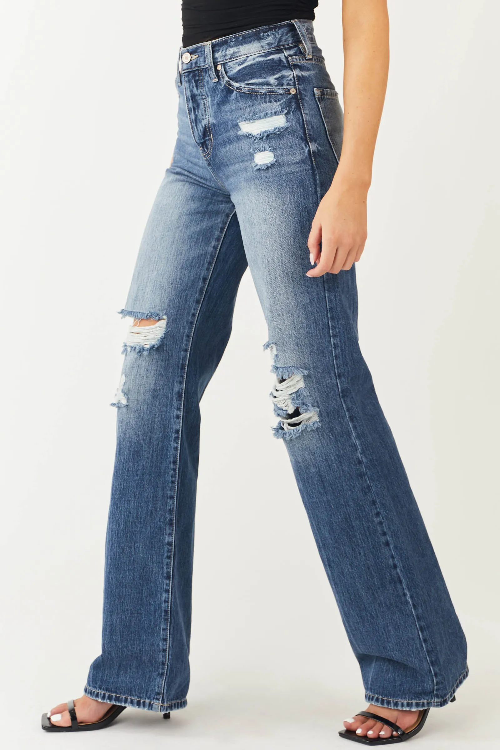 KanCan Medium Wash Distressed High Rise Straight Leg Jeans sold by Lime Lush product image thumbnail 3