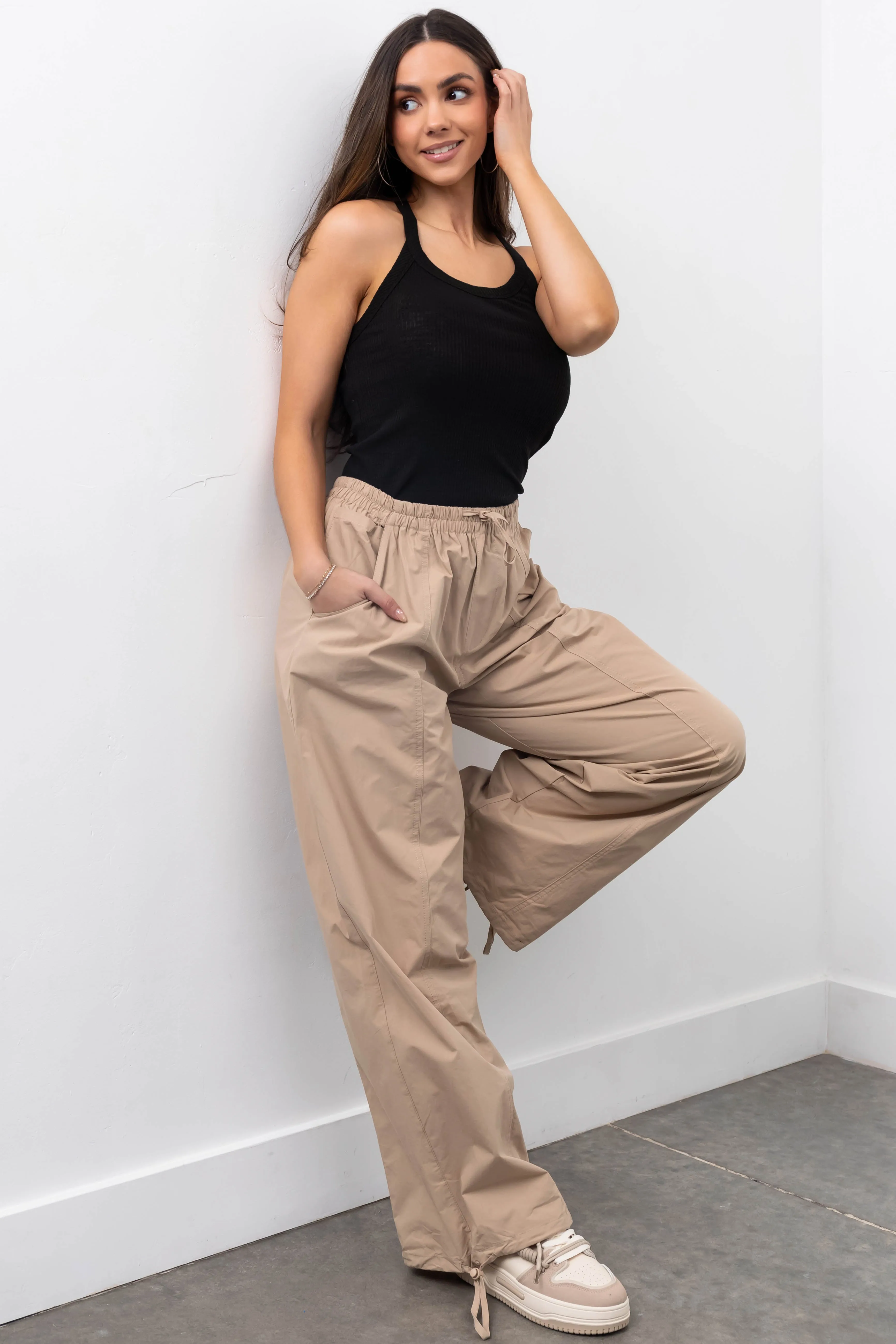 Khaki Drawstring Hem Windbreaker Pants sold by Lime Lush