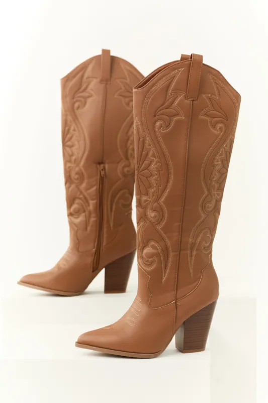 Cognac Knee High Embroidered Western Boots sold by Lime Lush