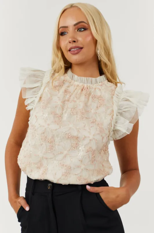 Flying Tomato Champagne Floral Lace Flutter Sleeve Top sold by Lime Lush