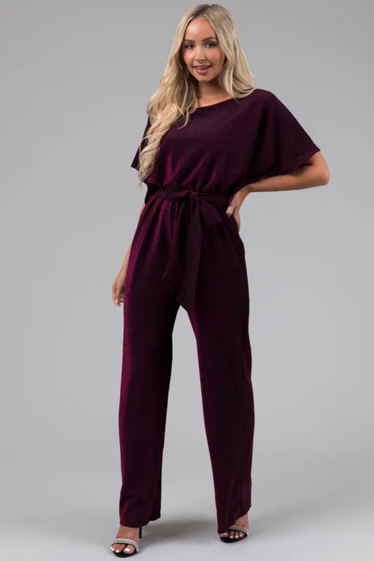 Plum Glitter Waist Tied Jumpsuit sold by Lime Lush