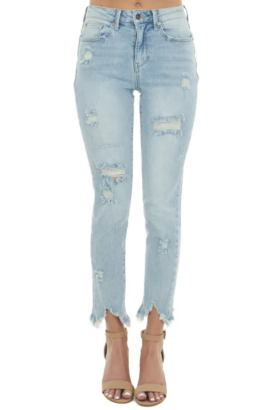 Special A Medium Denim High Rise Distressed Frayed Jeans sold by Lime Lush