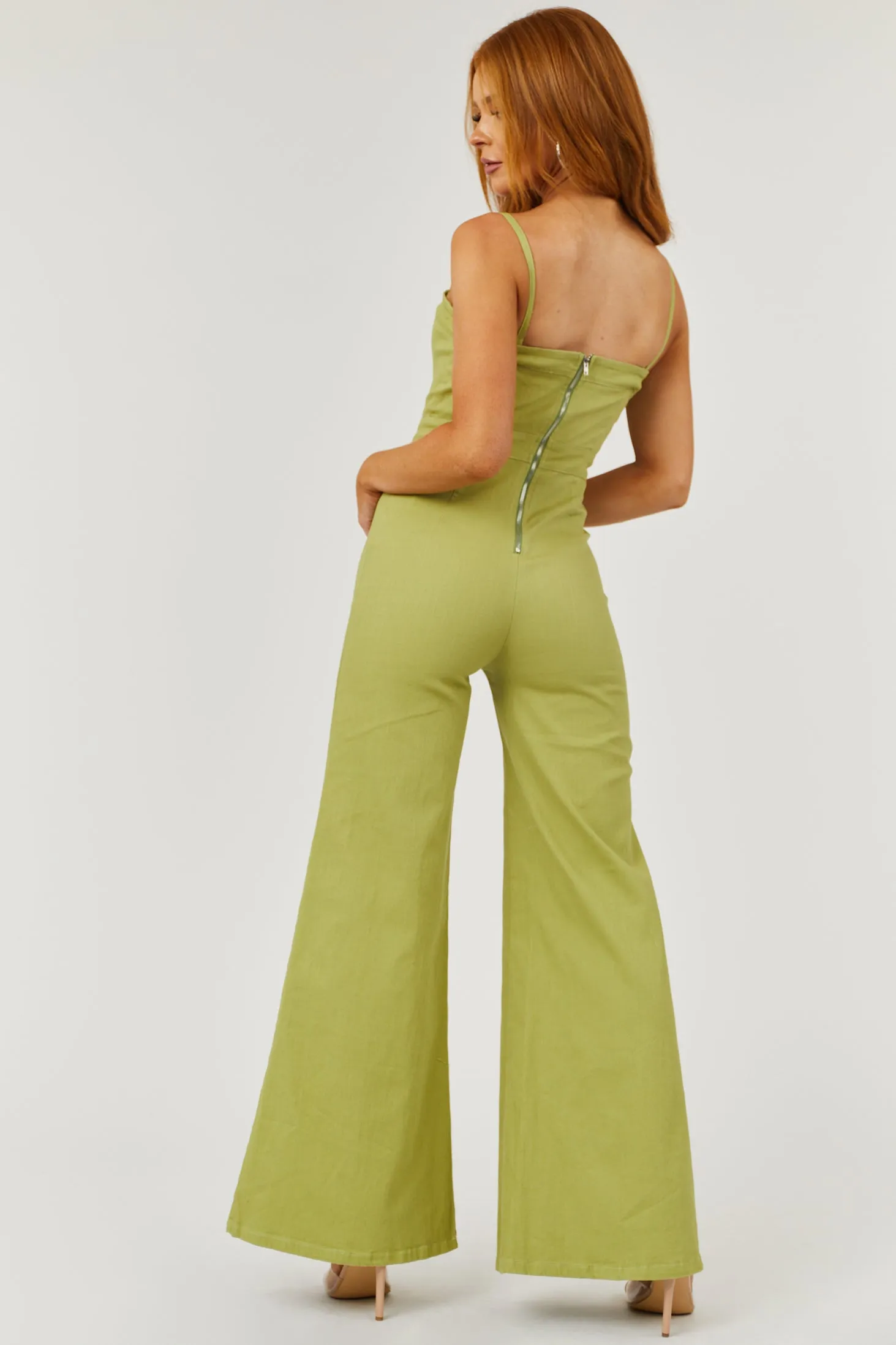 Dusty Lime Sleeveless Flare Leg Denim Jumpsuit sold by Lime Lush product image thumbnail 4