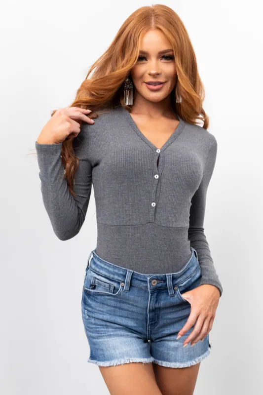 Stone Ribbed Knit Button Down Bodysuit sold by Lime Lush