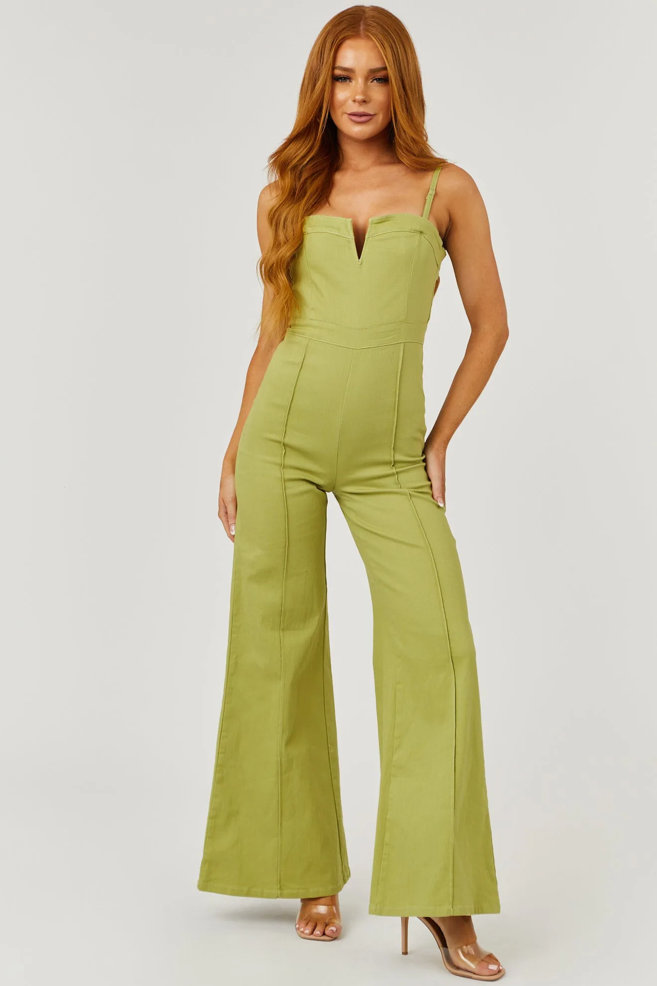 Dusty Lime Sleeveless Flare Leg Denim Jumpsuit sold by Lime Lush