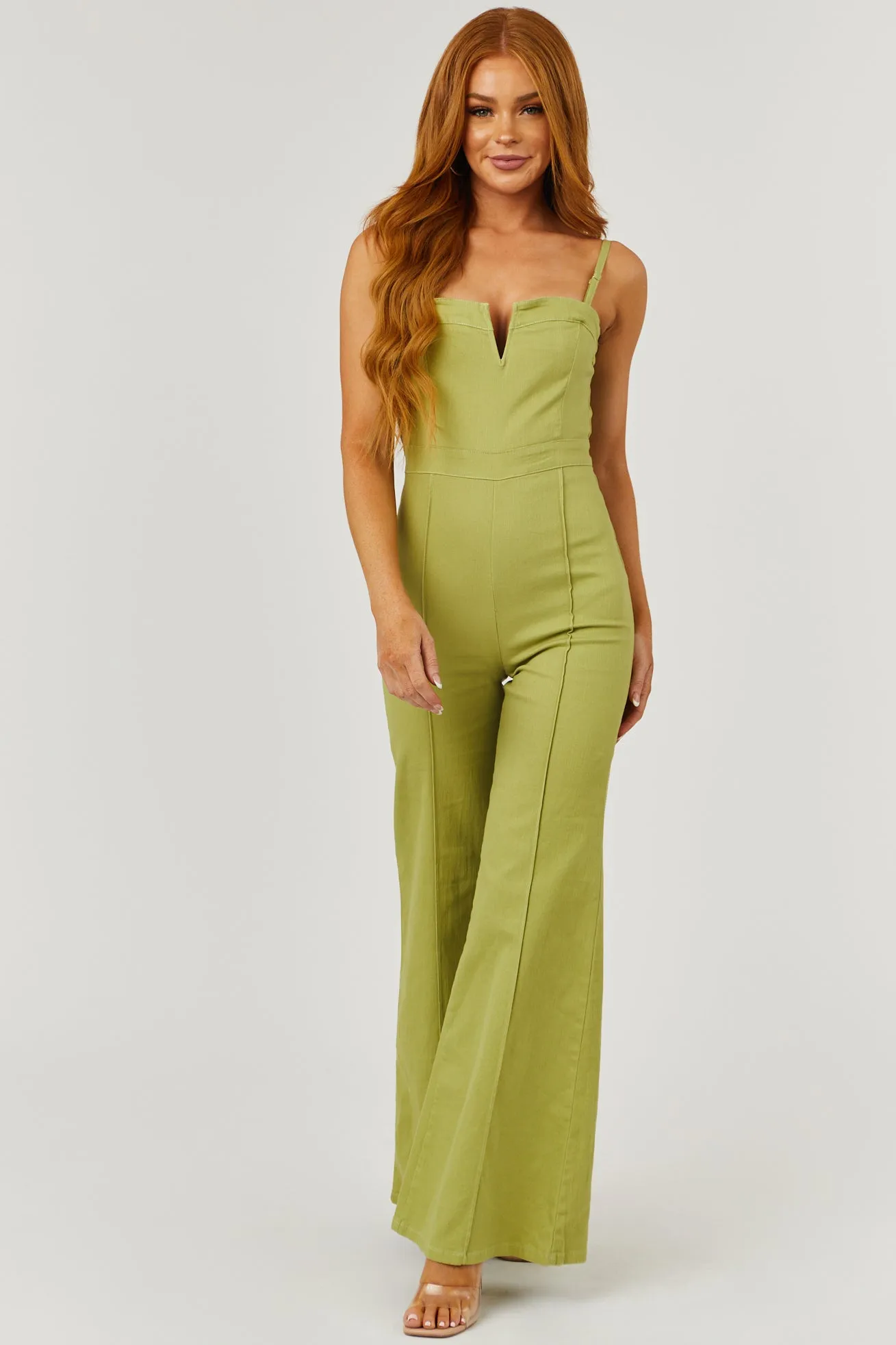 Dusty Lime Sleeveless Flare Leg Denim Jumpsuit sold by Lime Lush product image thumbnail 2