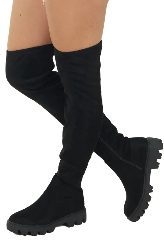 Black Suede Lug Sole Thigh High Boots sold by Lime Lush