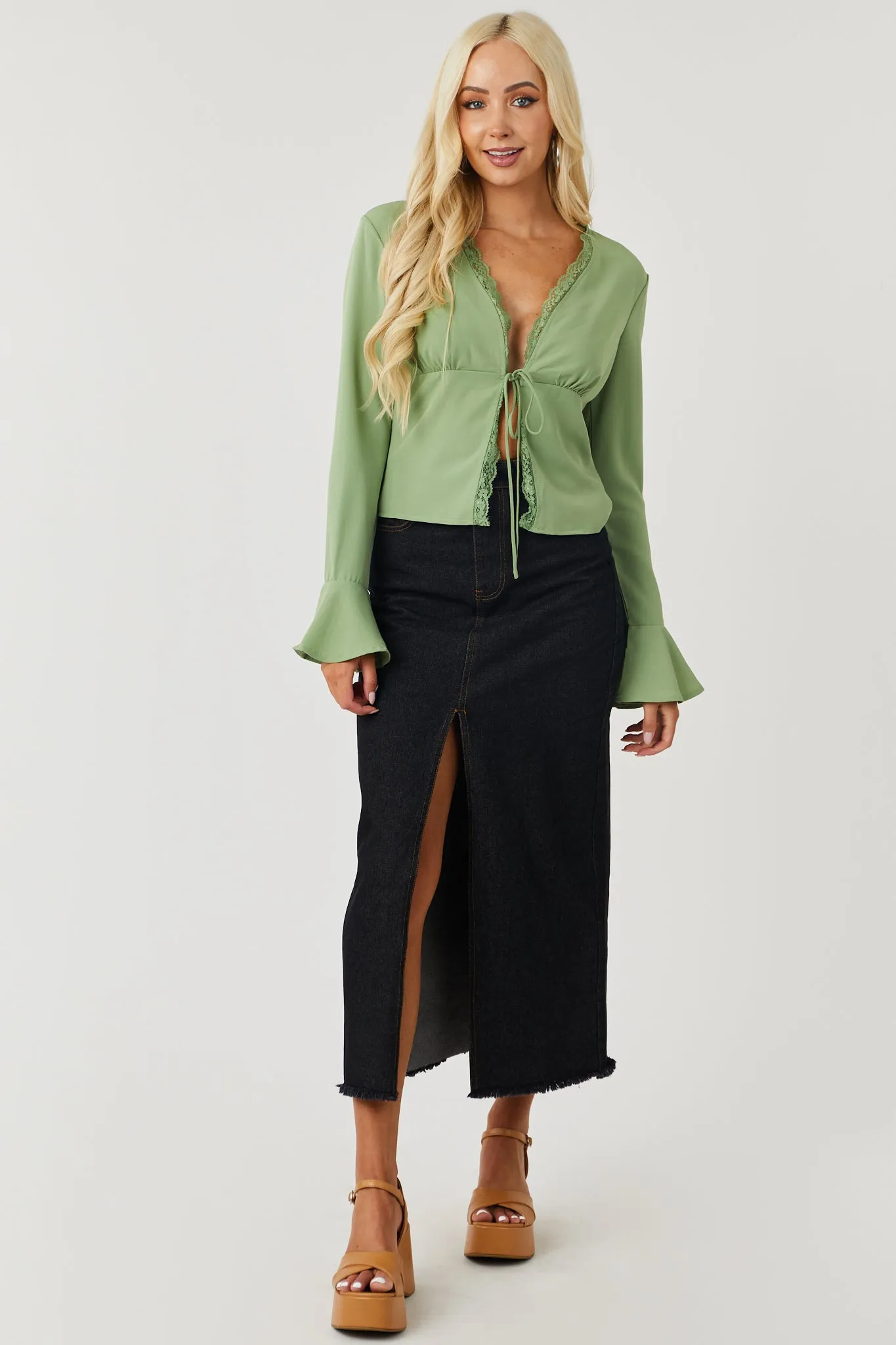 Deep Pistachio Long Sleeve Lace Trim Front Tie Top sold by Lime Lush product image thumbnail 3