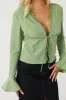 Deep Pistachio Long Sleeve Lace Trim Front Tie Top sold by Lime Lush