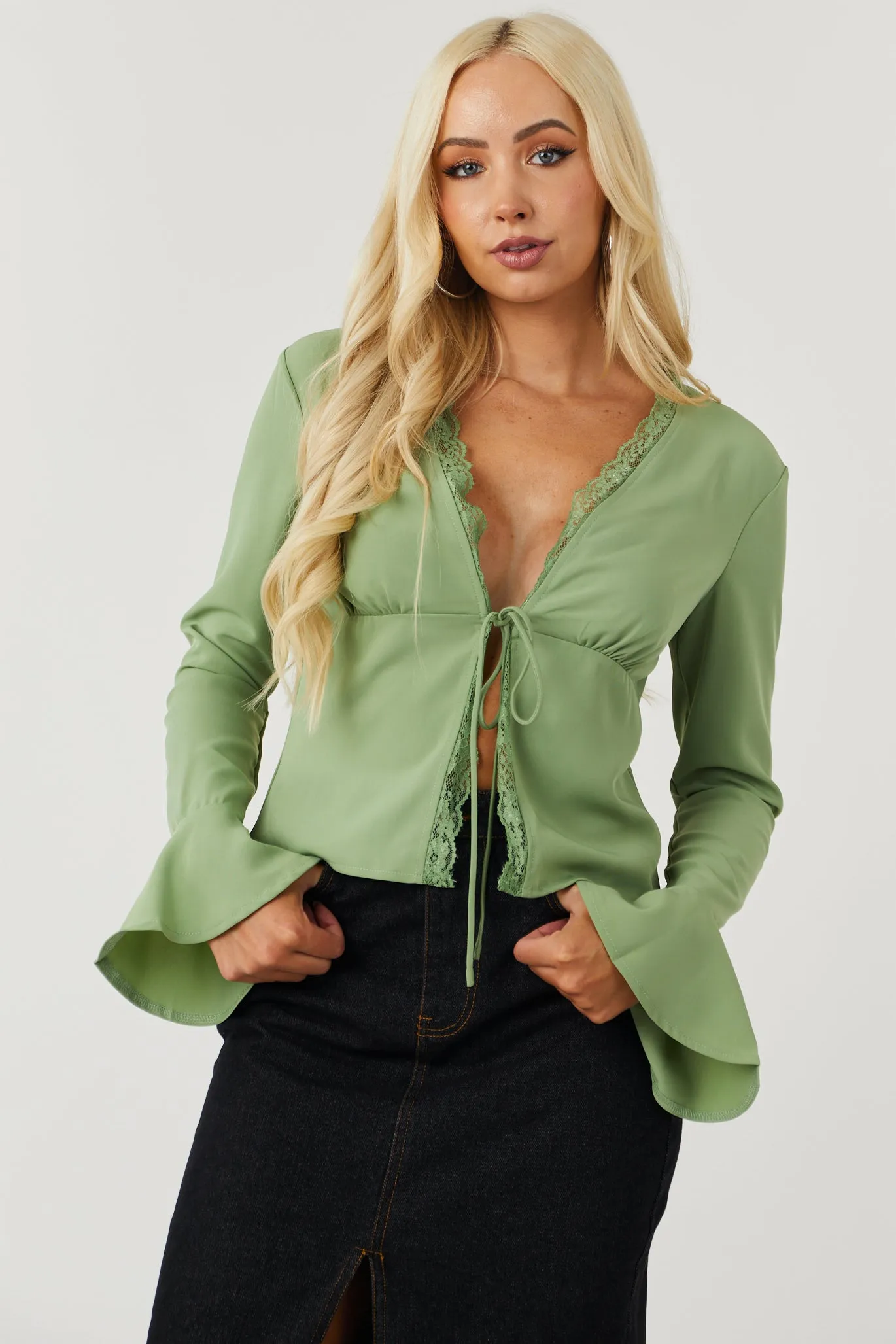 Deep Pistachio Long Sleeve Lace Trim Front Tie Top sold by Lime Lush
