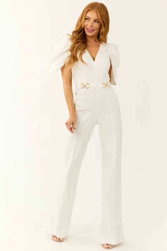 White Denim Jumpsuit with Shell Sleeves sold by Lime Lush