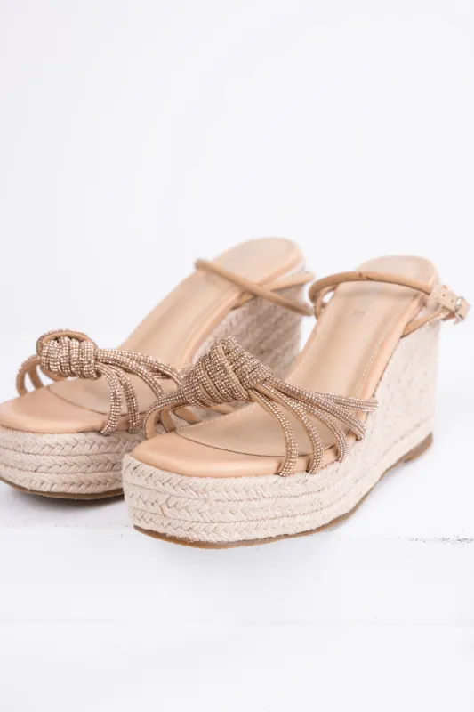 Rose Gold Rhinestone Strappy Espadrille Wedges sold by Lime Lush