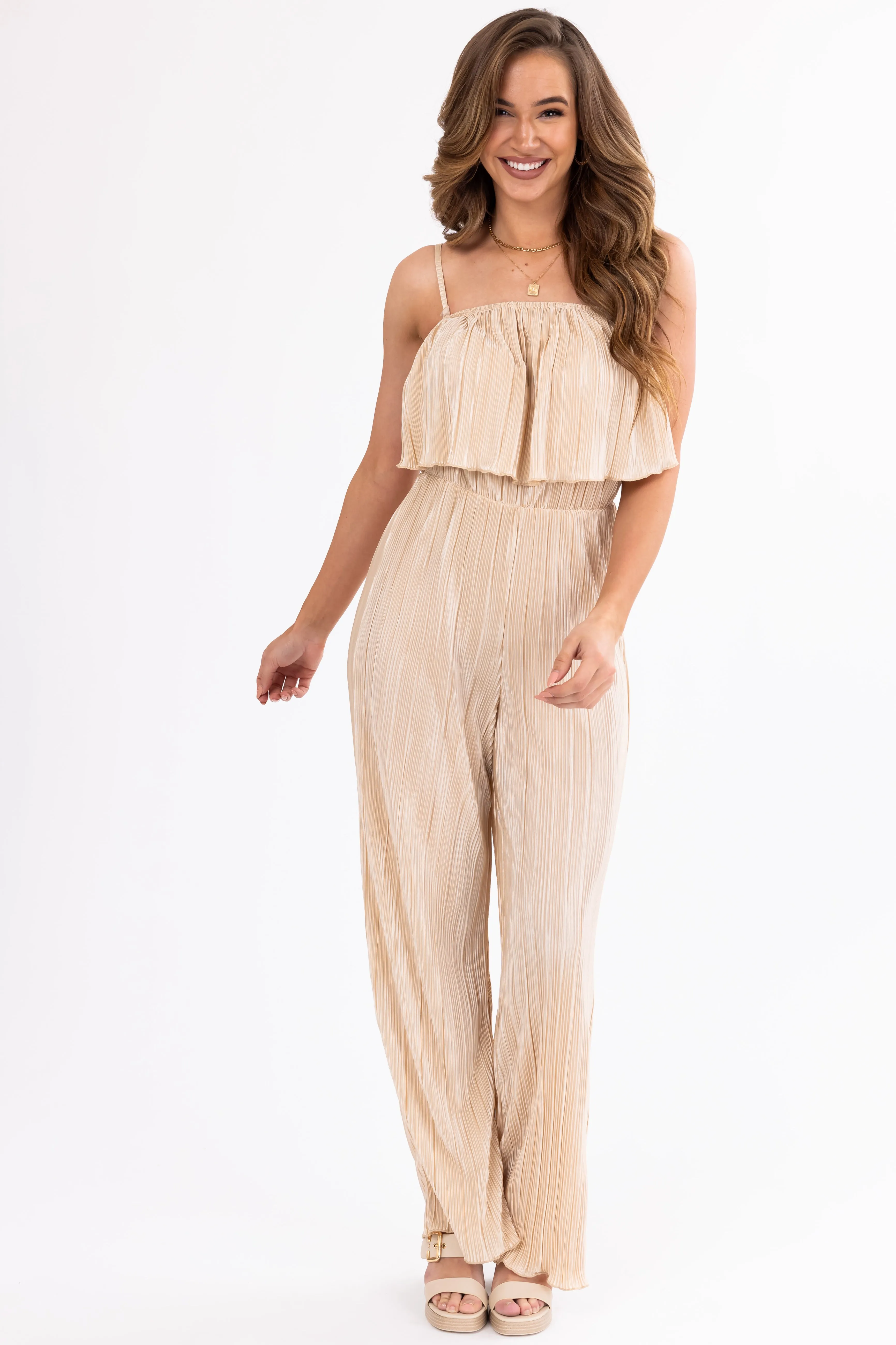 Desert Sand Pleated Sleeveless Overlay Jumpsuit sold by Lime Lush product image thumbnail 4