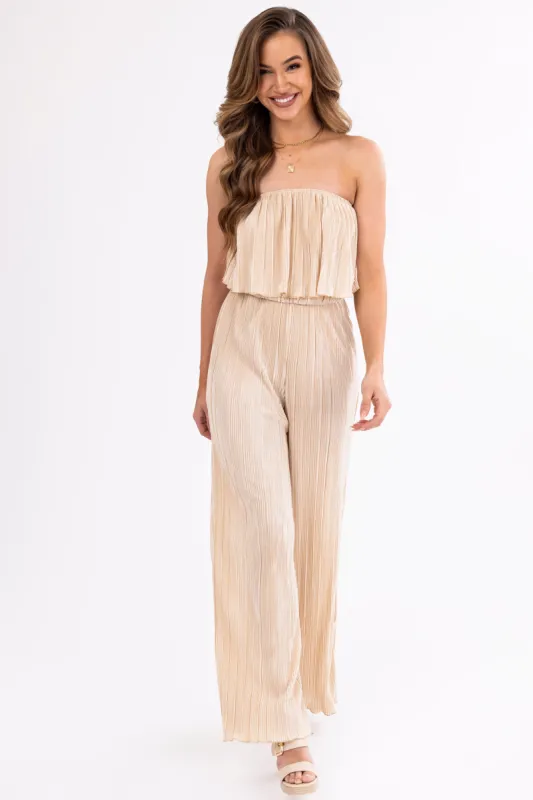 Desert Sand Pleated Sleeveless Overlay Jumpsuit sold by Lime Lush