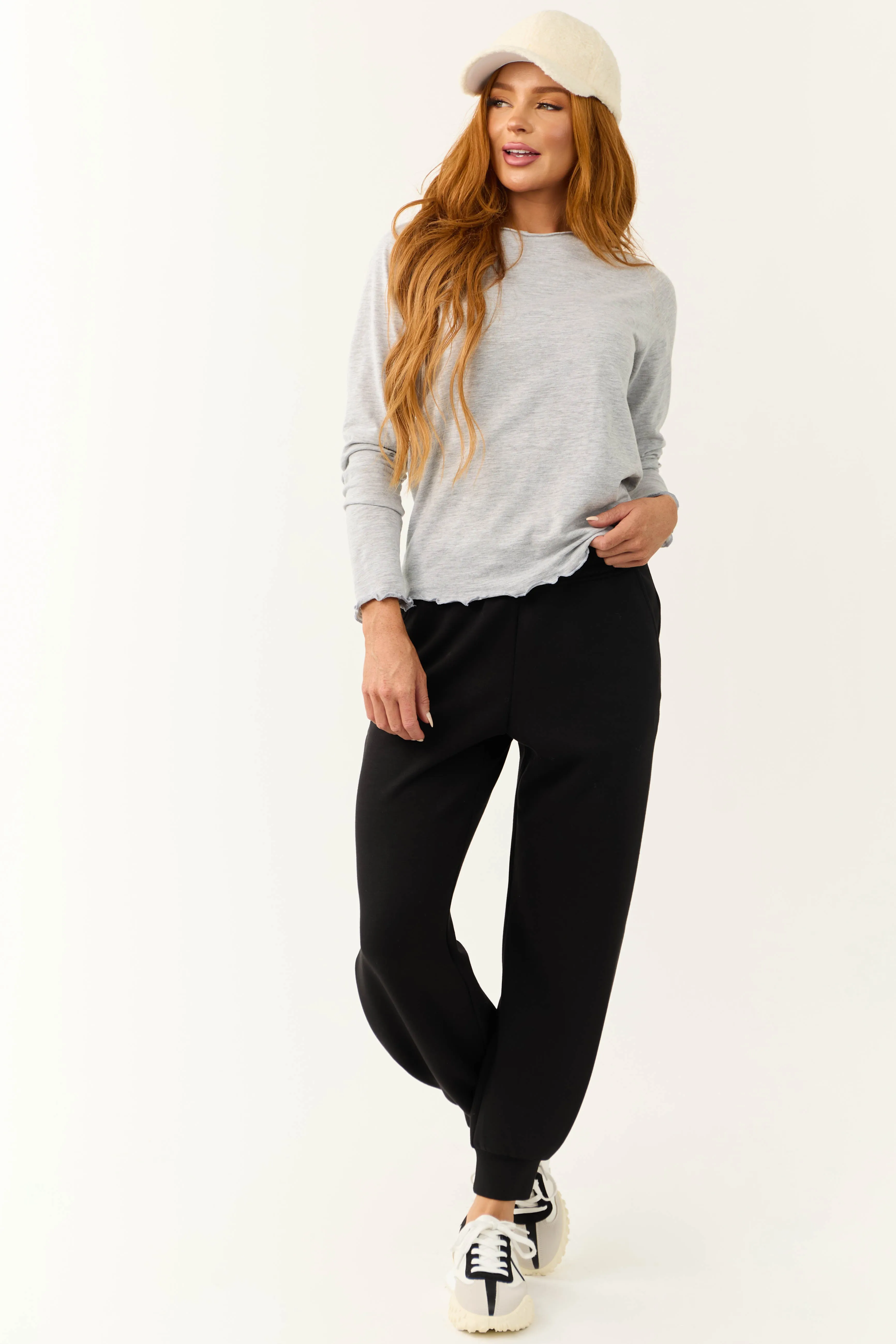 Heathered Grey Lettuce Trim Long Sleeve Top sold by Lime Lush product image thumbnail 4