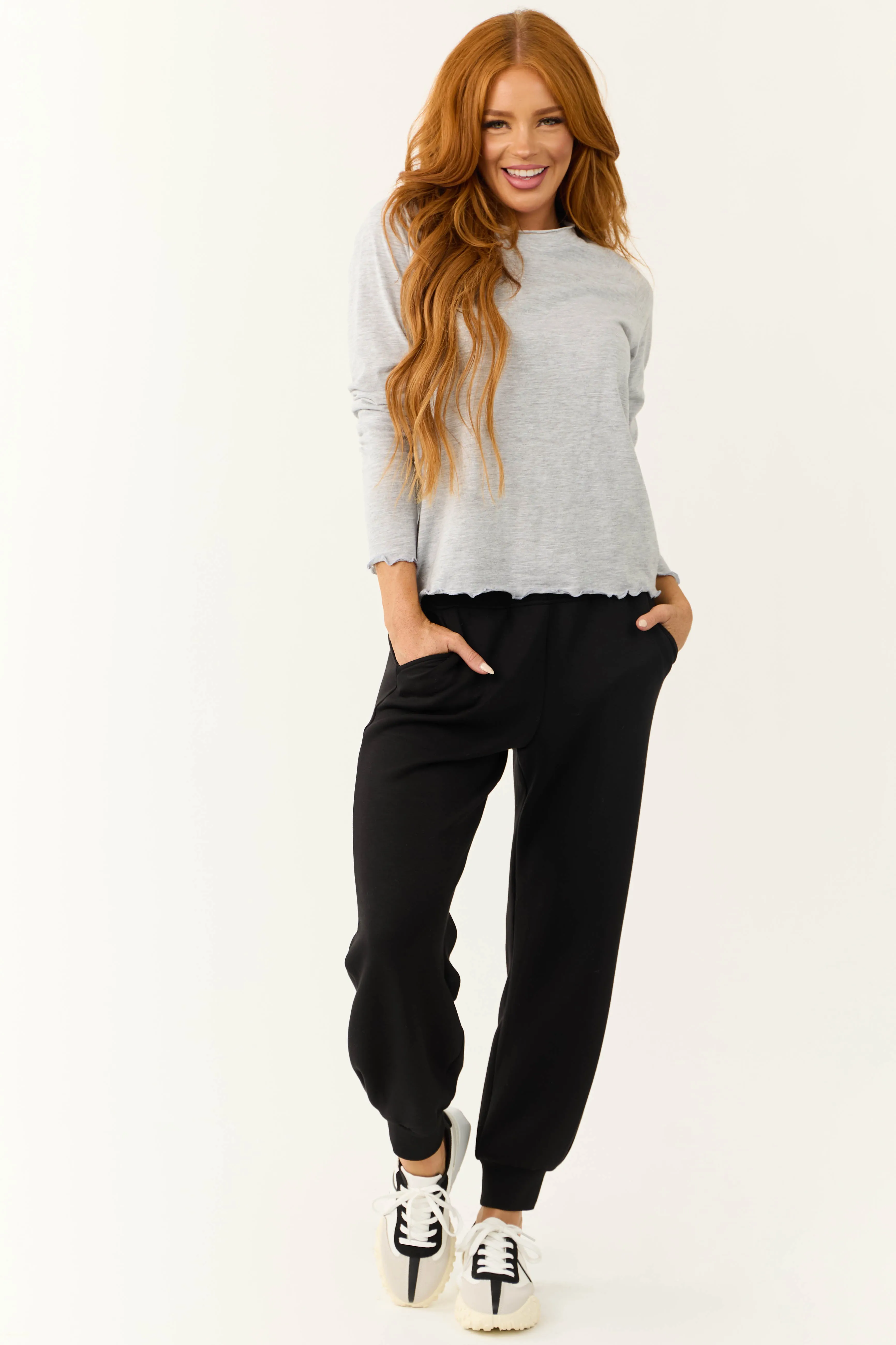 Heathered Grey Lettuce Trim Long Sleeve Top sold by Lime Lush product image thumbnail 2