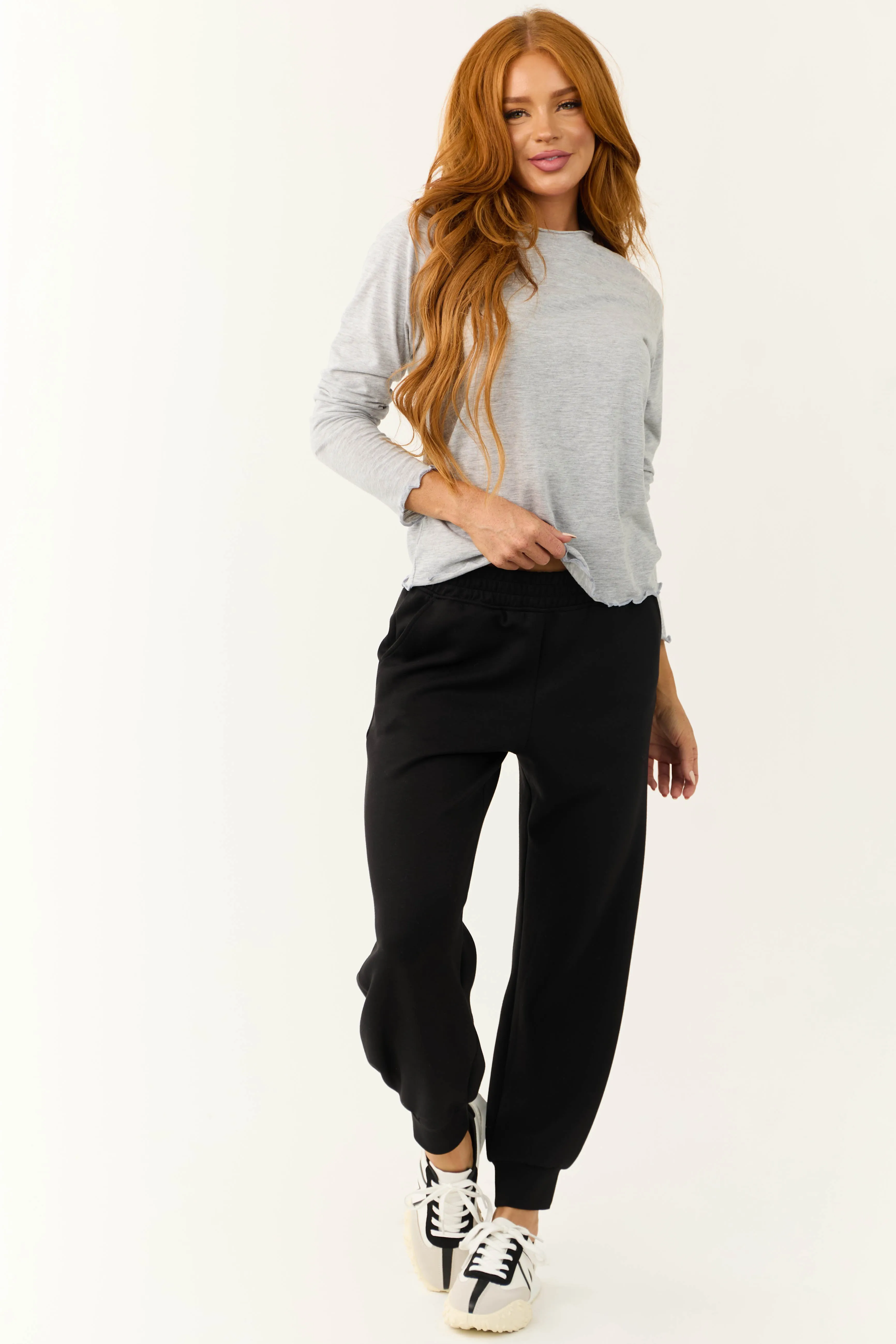 Heathered Grey Lettuce Trim Long Sleeve Top sold by Lime Lush product image thumbnail 3