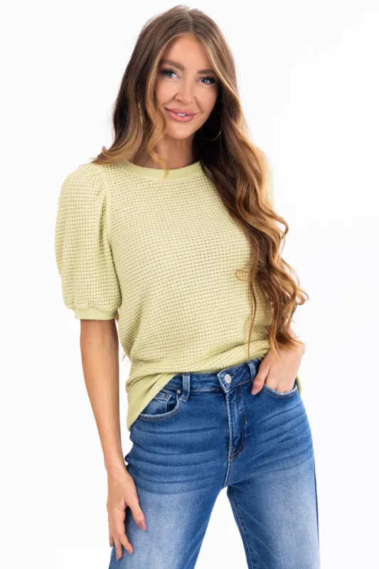 Light Lime Waffle Knit Puff Sleeve Top sold by Lime Lush