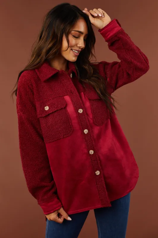 Burgundy Suede and Sherpa Button Down Shacket sold by Lime Lush