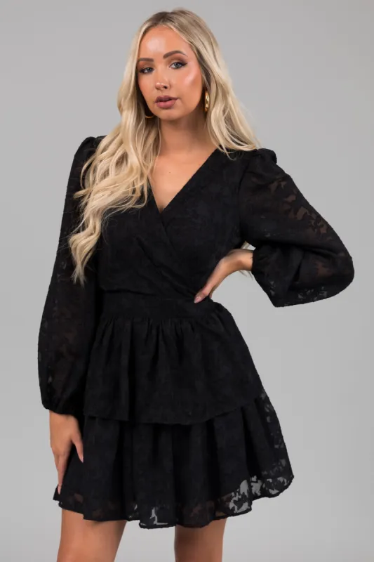 Black Leaf Textured Long Sleeve Mini Dress sold by Lime Lush