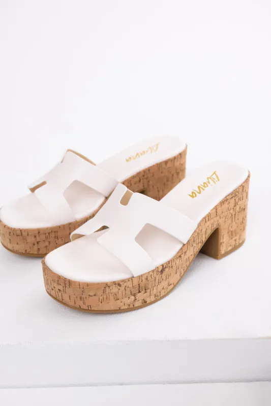 White Geometric Strap Cork Platform Heels sold by Lime Lush