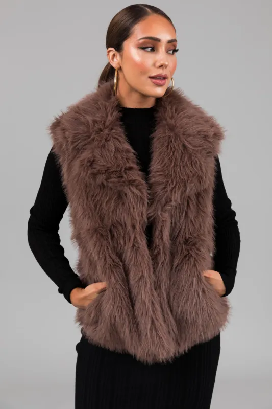 Mocha Faux Fur Collared Hook Closure Vest sold by Lime Lush