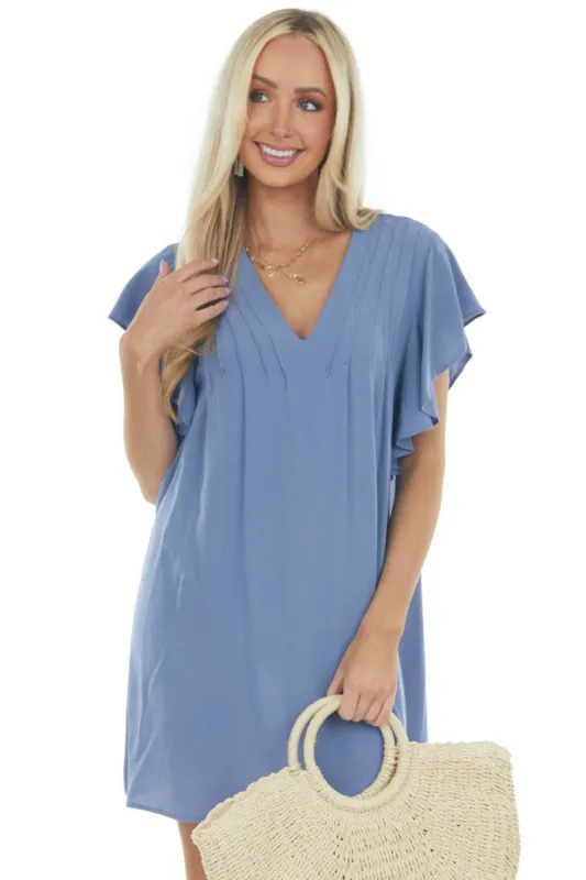 Dusty Blue Pintuck Flutter Sleeve Shift Dress sold by Lime Lush