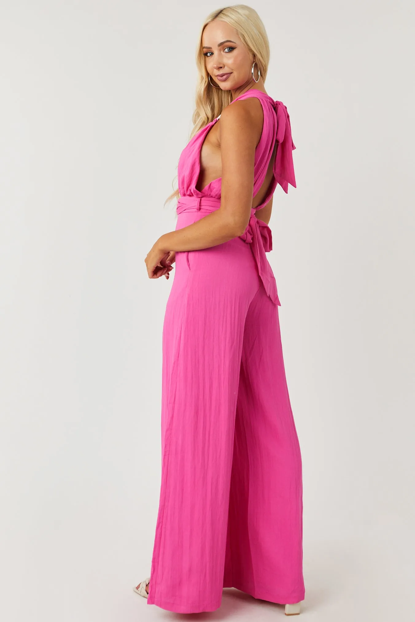 Vibrant Pink Plunging Neck O-Ring Jumpsuit sold by Lime Lush product image thumbnail 3