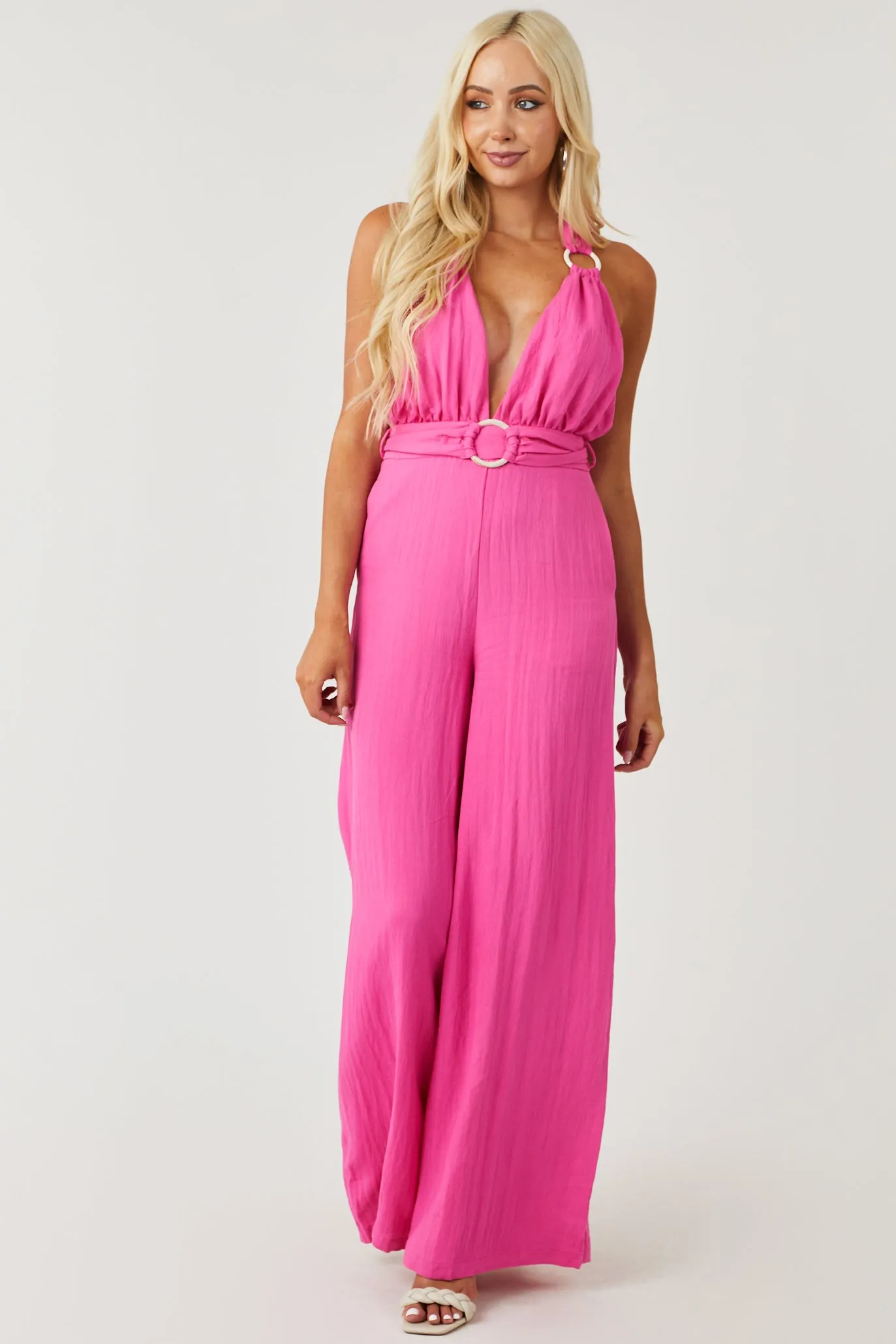 Vibrant Pink Plunging Neck O-Ring Jumpsuit sold by Lime Lush product image thumbnail 2