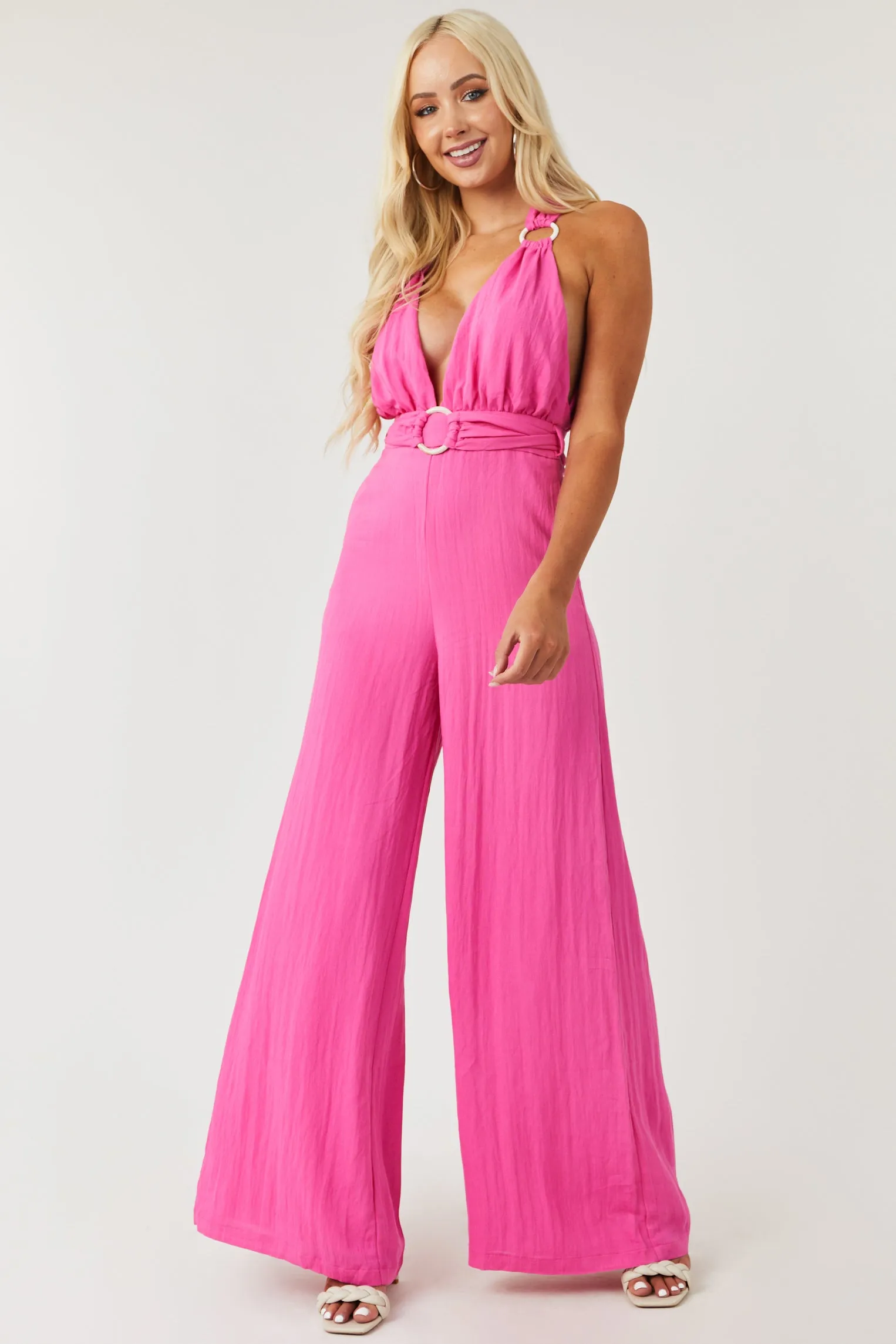 Vibrant Pink Plunging Neck O-Ring Jumpsuit sold by Lime Lush