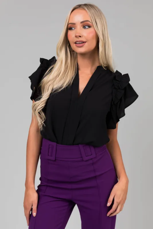 Black Short Ruffle Sleeve V Neck Blouse sold by Lime Lush