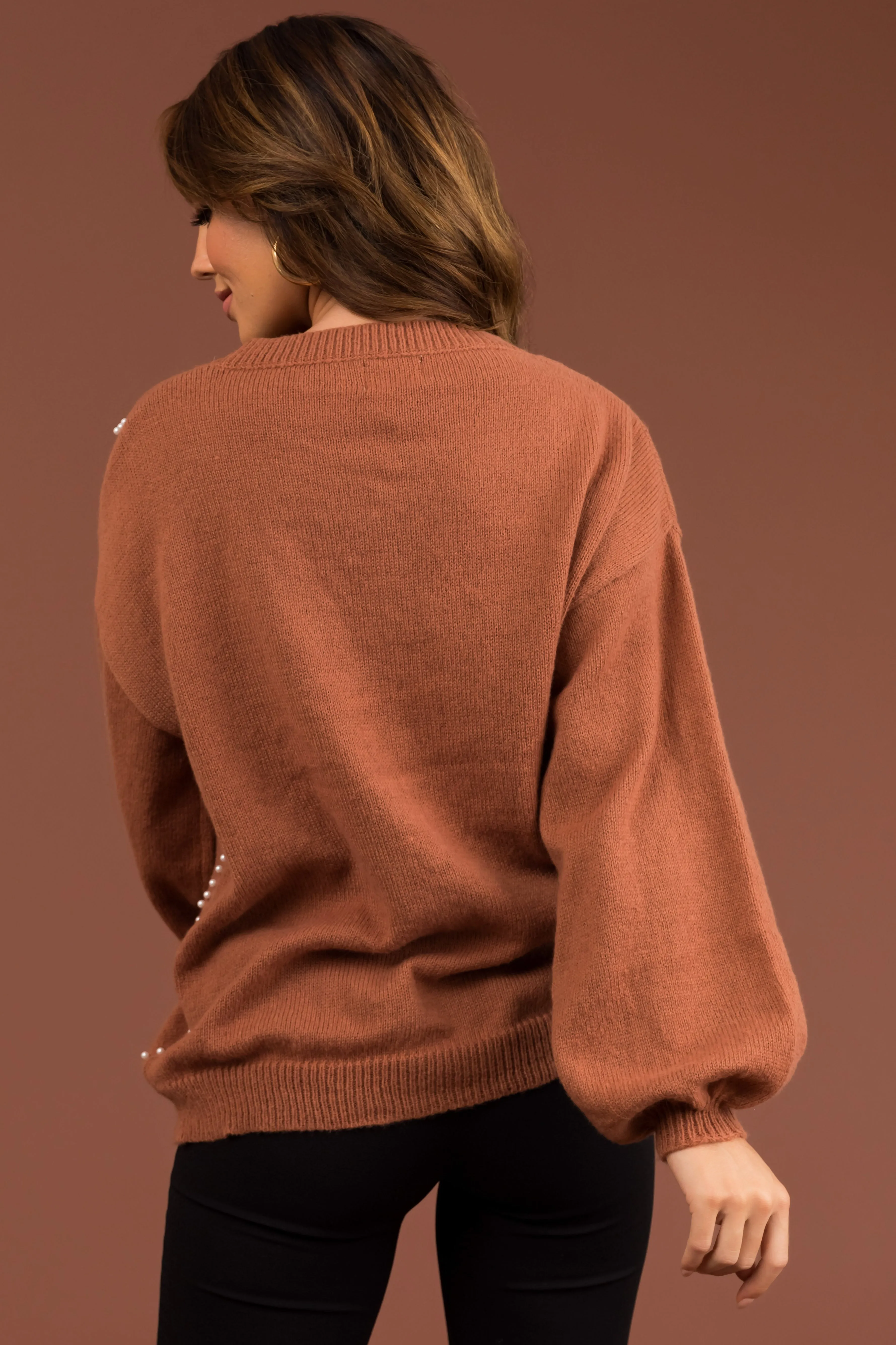 Ellie Cognac Diamond Pattern Pearl Beaded Sweater sold by Lime Lush product image thumbnail 4