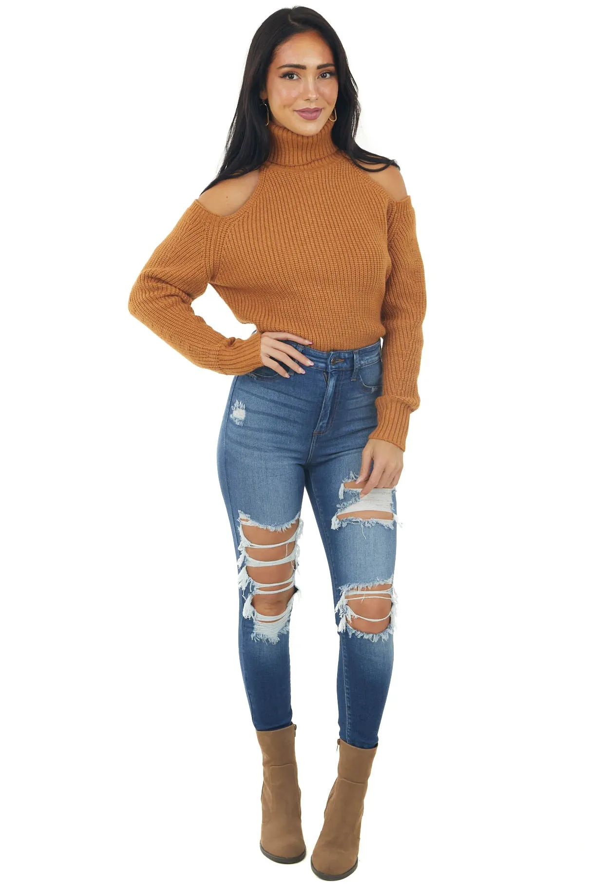 Caramel Cold Shoulder Turtleneck Knit Sweater sold by Lime Lush product image thumbnail 3