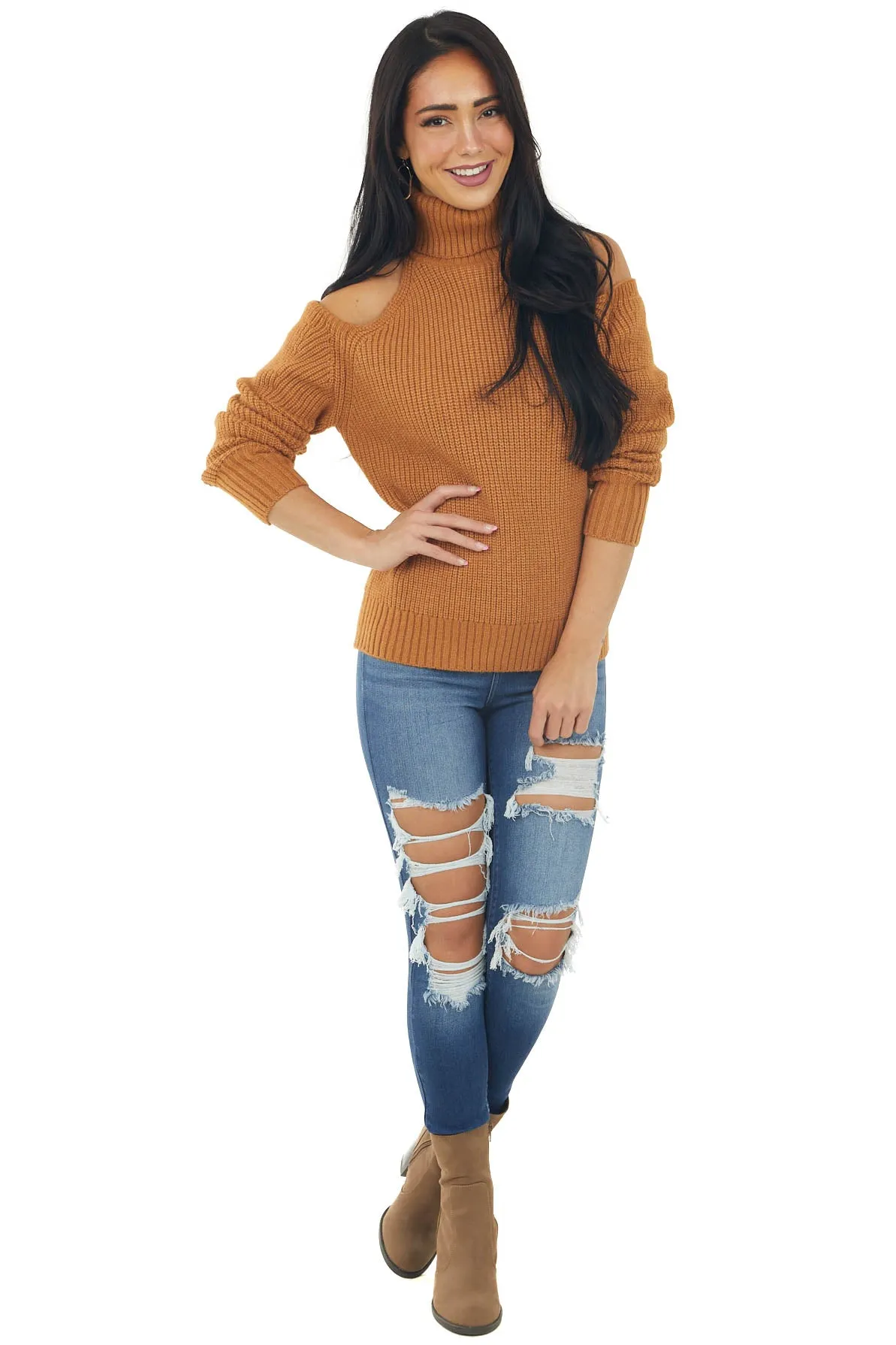 Caramel Cold Shoulder Turtleneck Knit Sweater sold by Lime Lush product image thumbnail 2